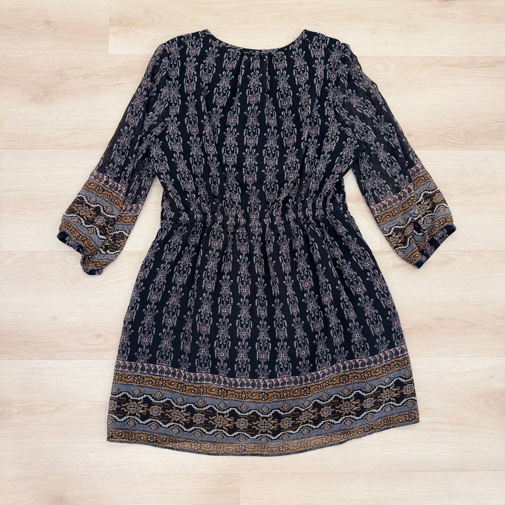 Madewell Long Sleeve Mini Dress Damask Print Allover Cinched Waist Blue 12 Boho - Picture 5 of 15